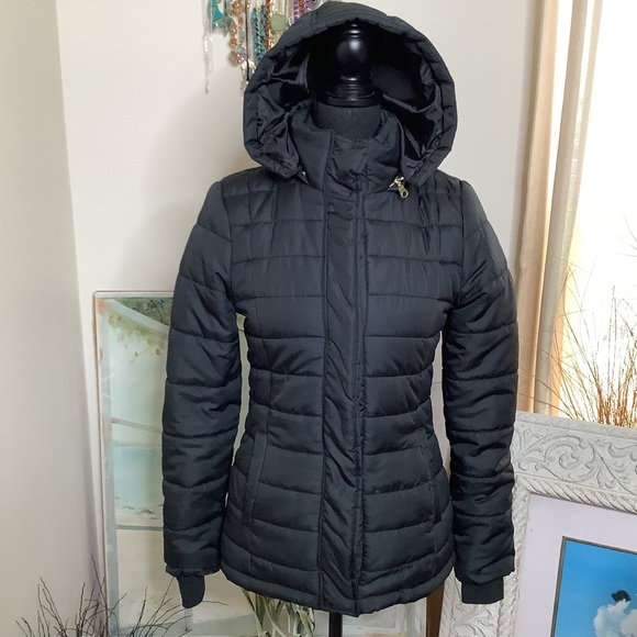 B-Rampage black coat w/removable hood, 2 pockets, animal print lining, size XS - Picture 1 of 16